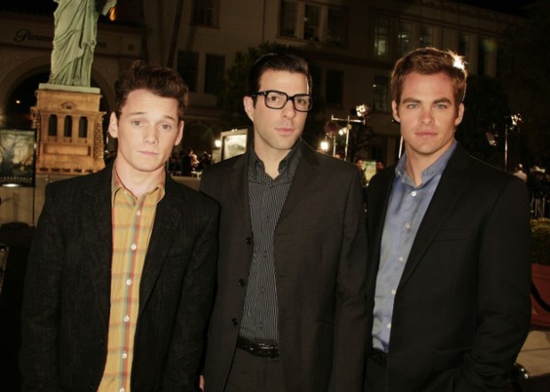 Anton Yelchin with Zachary Quinto and Chris Pine