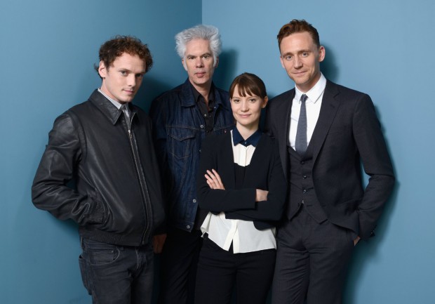 Anton Yelchin with Jim Jarmusch, Tom Hiddleston, and Mia Wasikowska at Only Lovers Left Alive