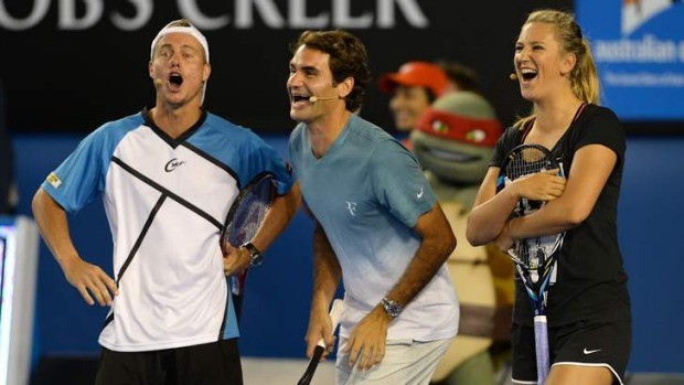 Lleyton Hewitt, Roger Federer and Victoria Azarenka share a laugh at Melbourne Park