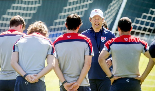 Jurgen Klinsmann speaks to players at Stanford