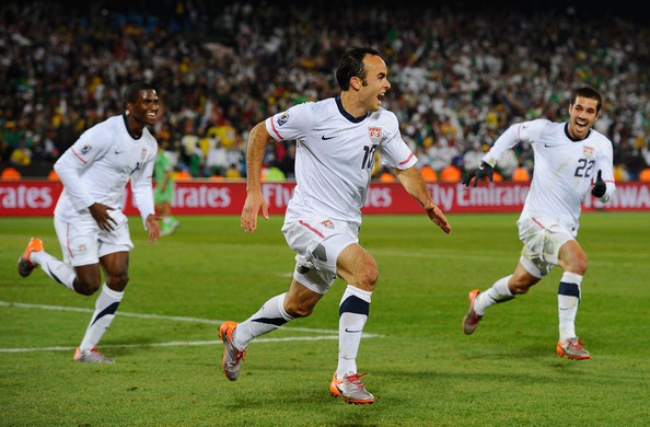 Landon celebrates after scoring goal against Algeria