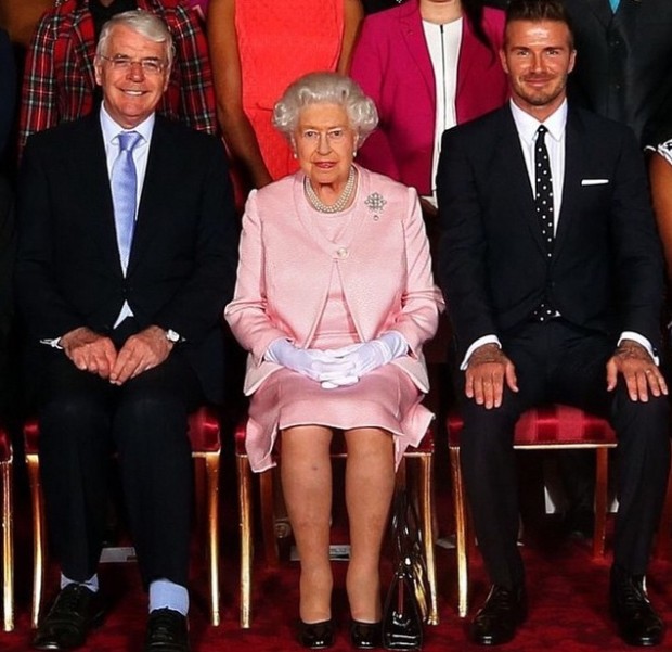 John Major with The Queen and David Beckham 